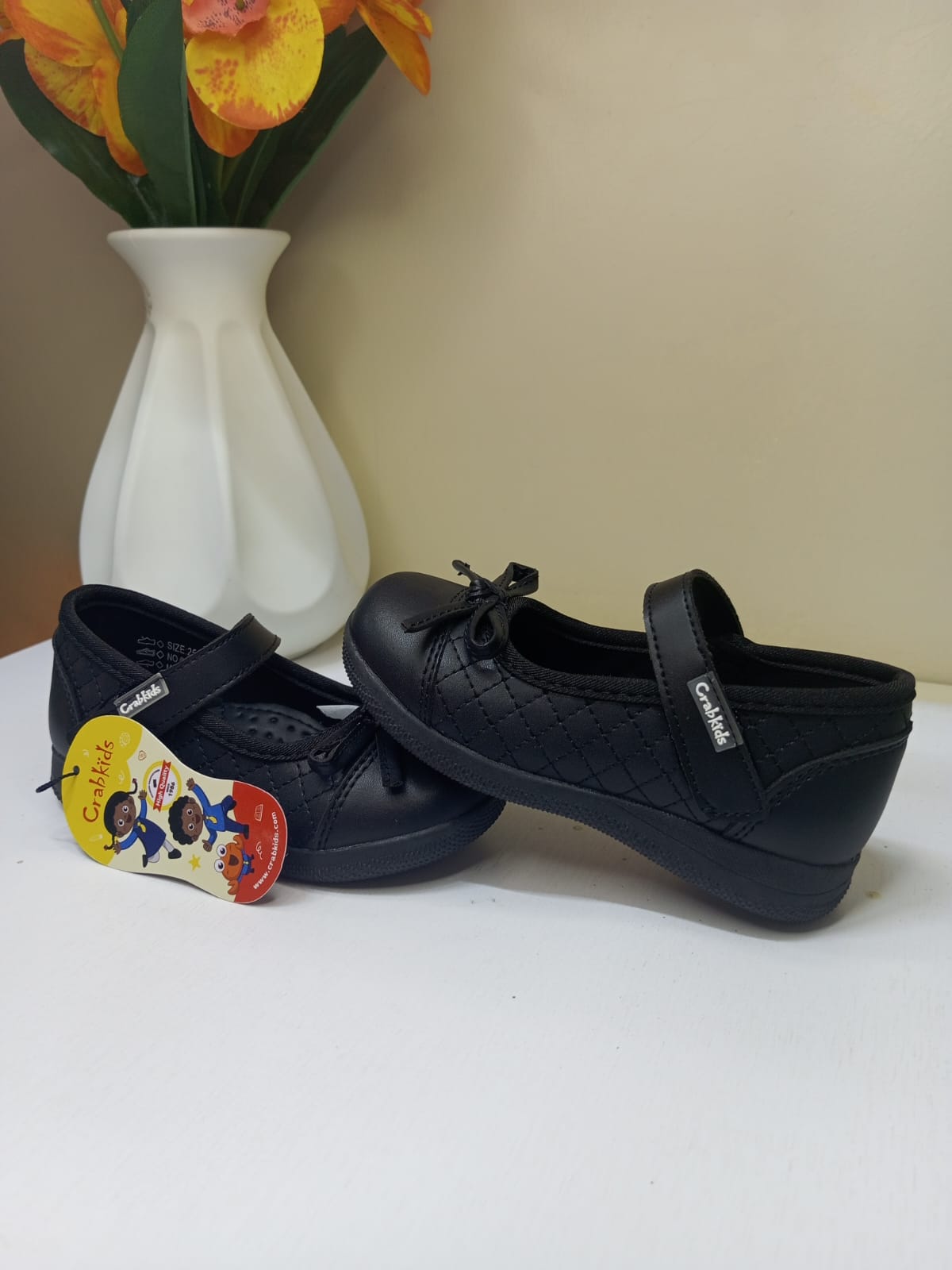 CrabKids Black Bow Velcro School Shoe